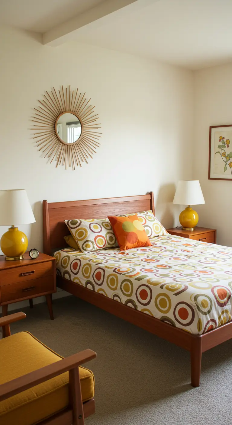 Mid-century slaapkamer met sunburst spiegel en beddengoed met cirkelpatroon.