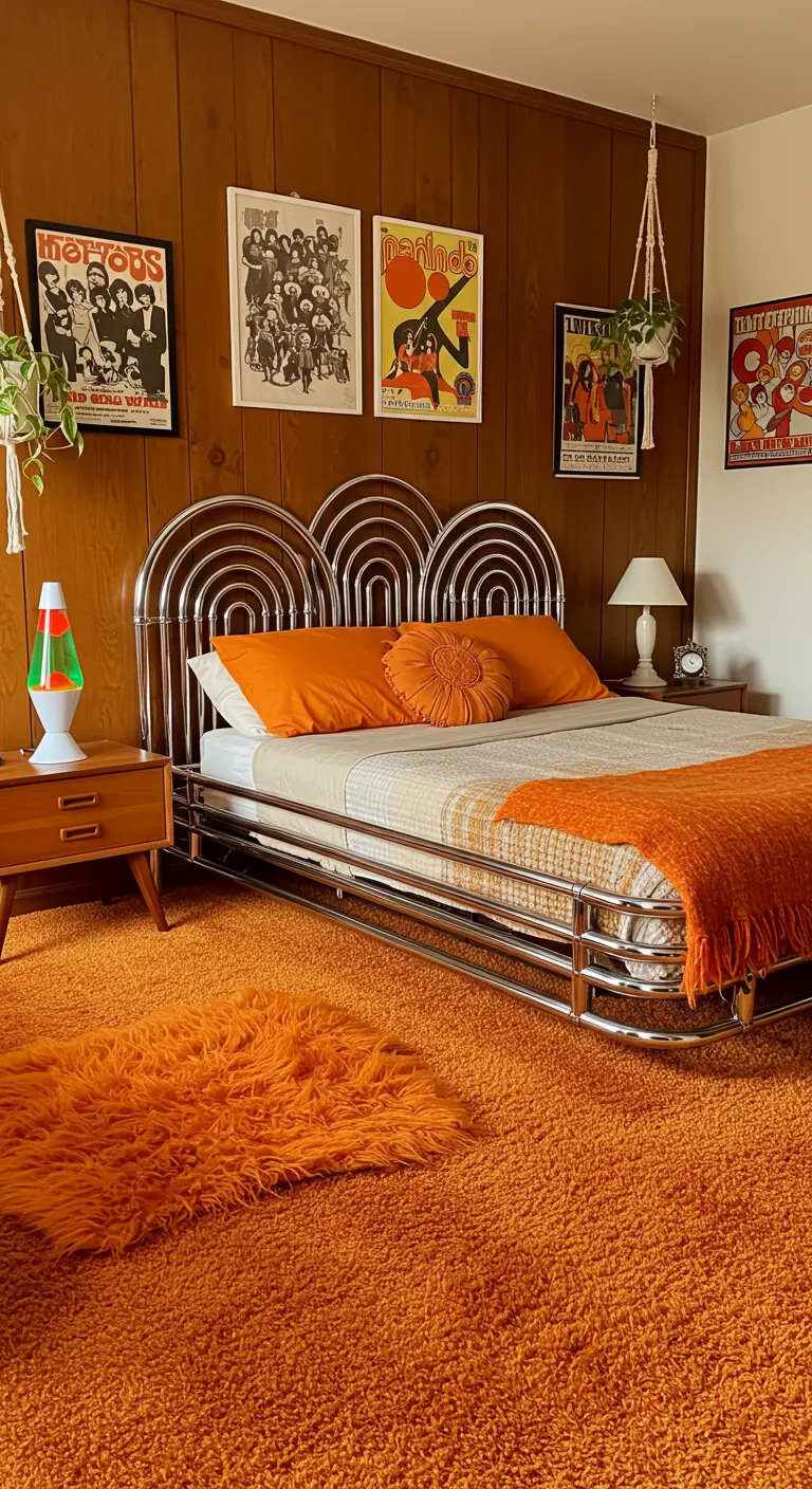 Retro hoofdbord van chromen buizen in een slaapkamer met oranje accenten en jaren '70 stijl.