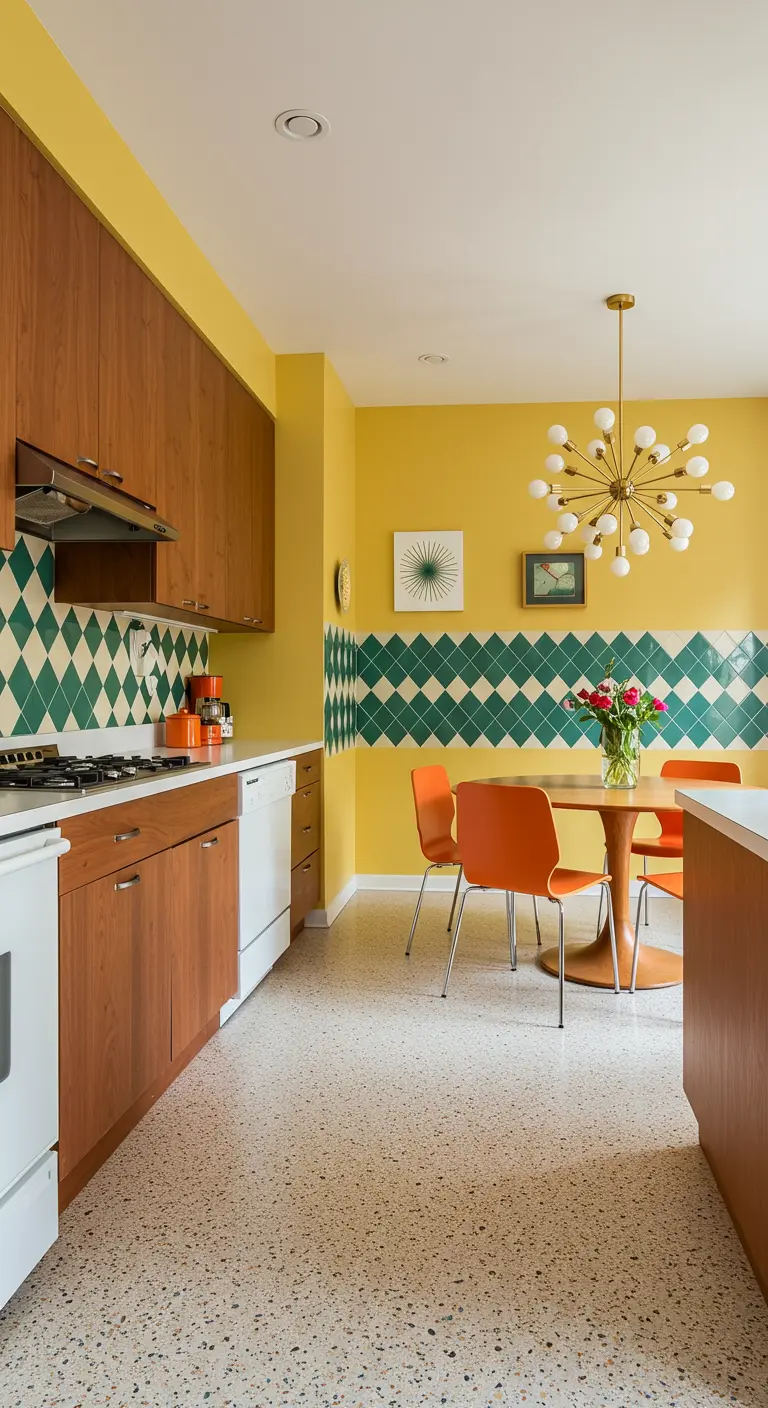 Retro keuken met groen-wit ruitpatroon tegels, gele muren en oranje stoelen.