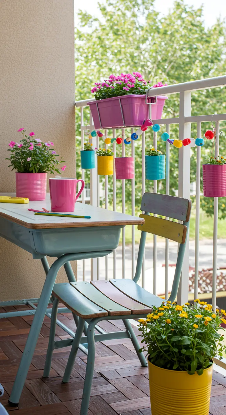 Vintage kinder-schoolbank en stoel op balkon met kleurrijke hangende plantenbakken.