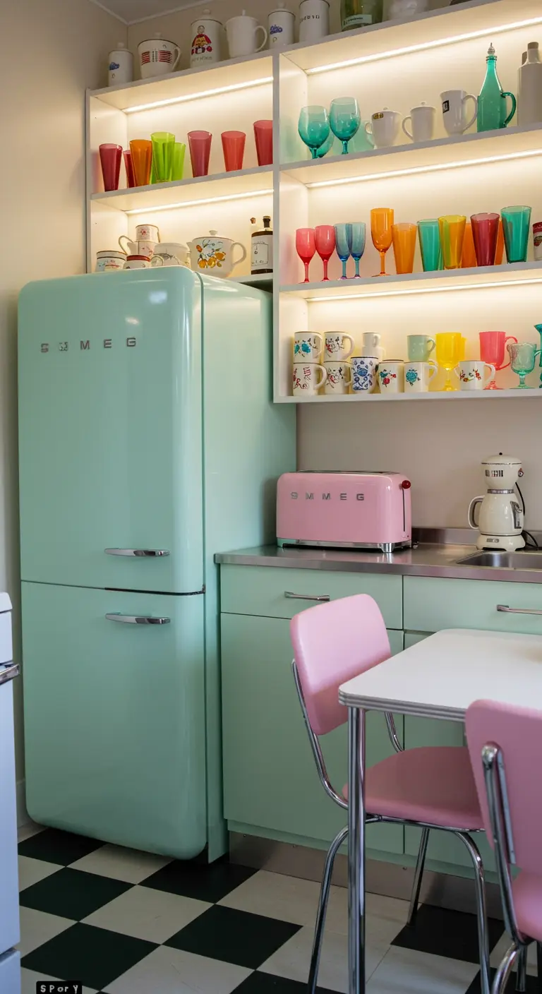 Retro keuken met mintgroene koelkast en verlichte planken met kleurrijk servies.