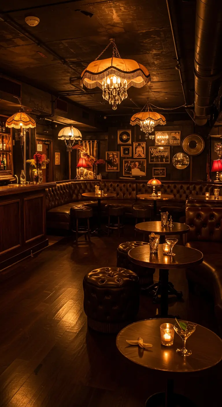 Donkere, intieme bar met leren banken, ronde tafels, gedimd licht en vintage decor.