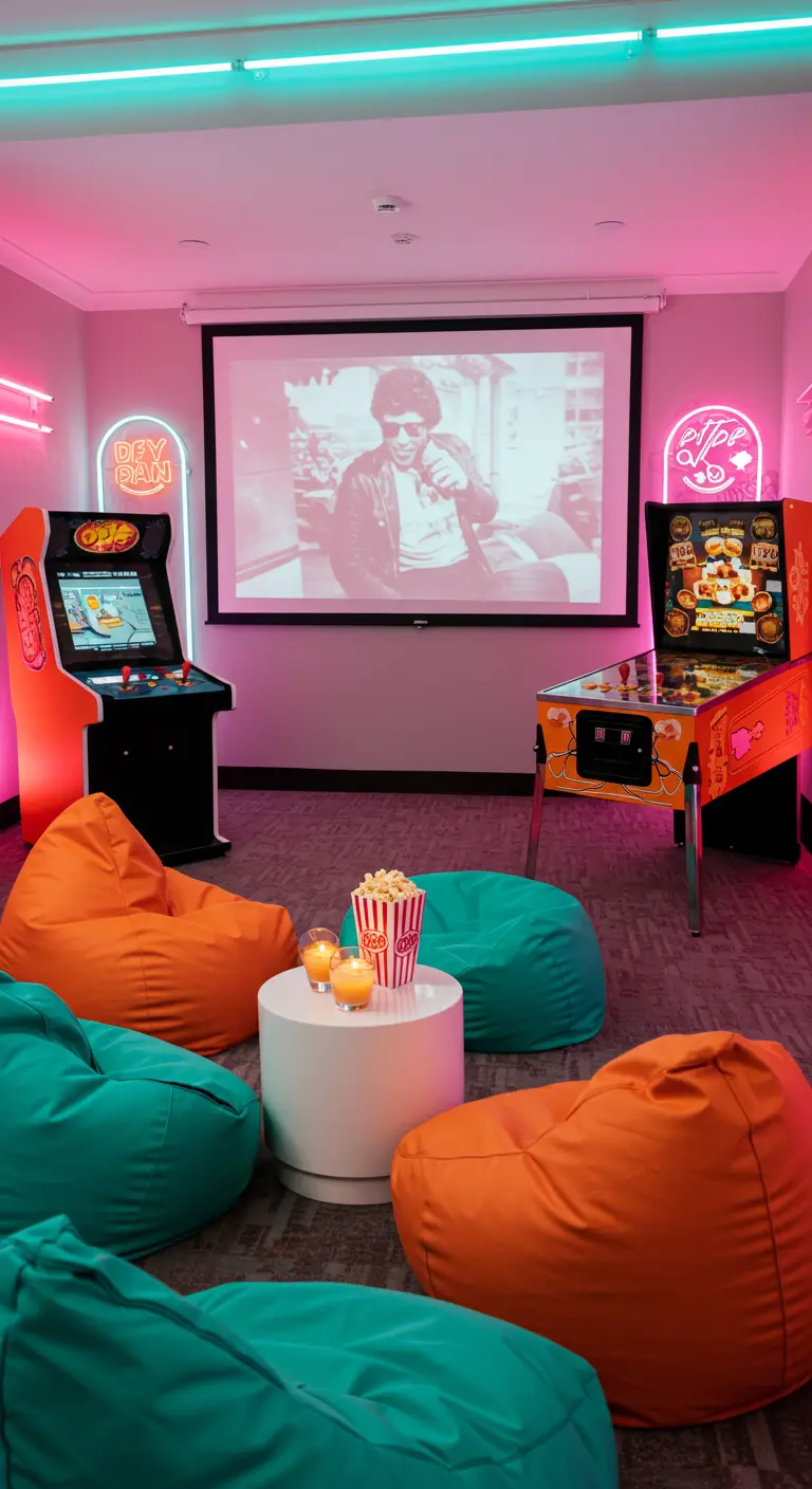 Hotelkamer omgetoverd tot retro speelhal met arcadekasten en zitzakken.