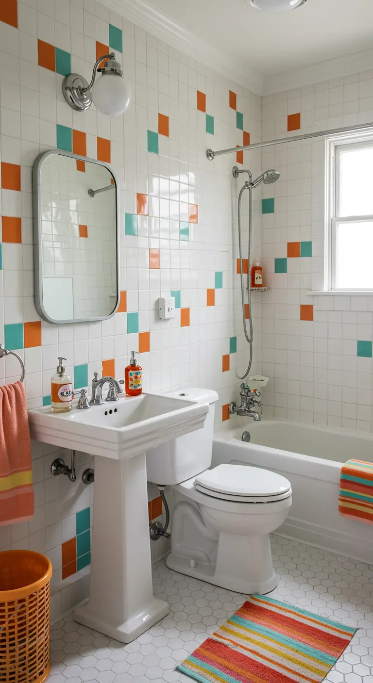 Retro badkamer met witte tegels en verspreide oranje en teal accenttegels