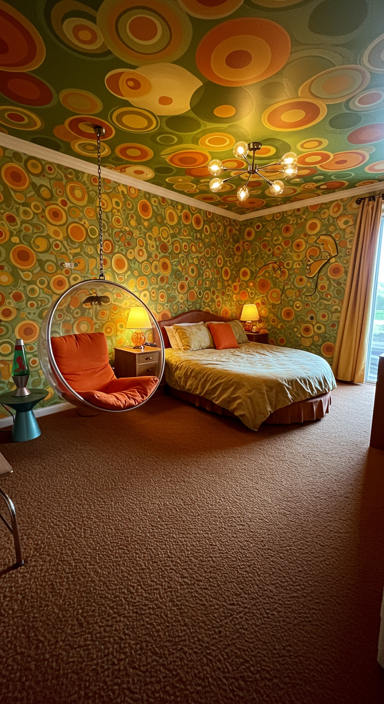Retro slaapkamer met oranje hangstoel en grafisch behang.