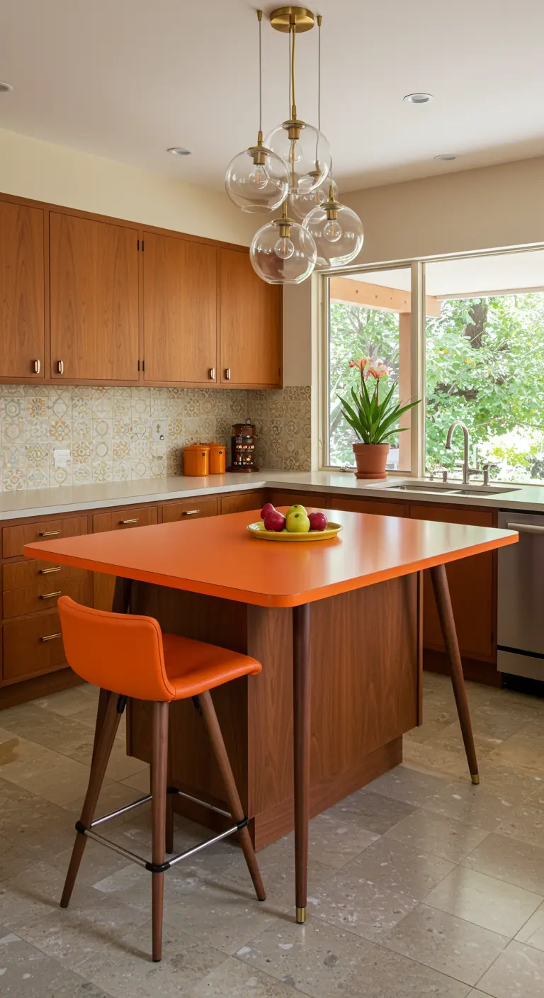 Mid-century keuken met houten kasten en een opvallend oranje kookeiland met schuine poten.
