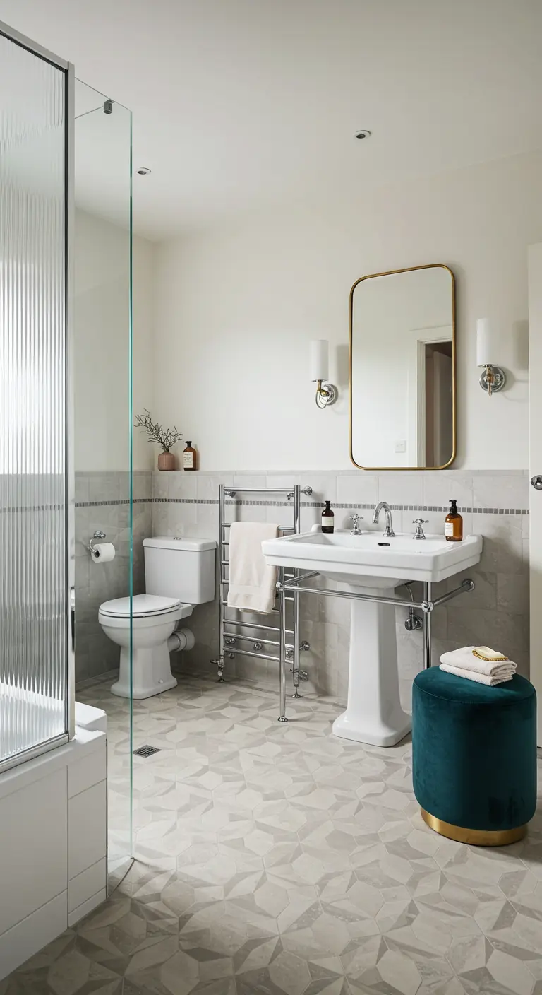 Badkamer met retro sanitair, geometrische tegels en fluwelen poef.