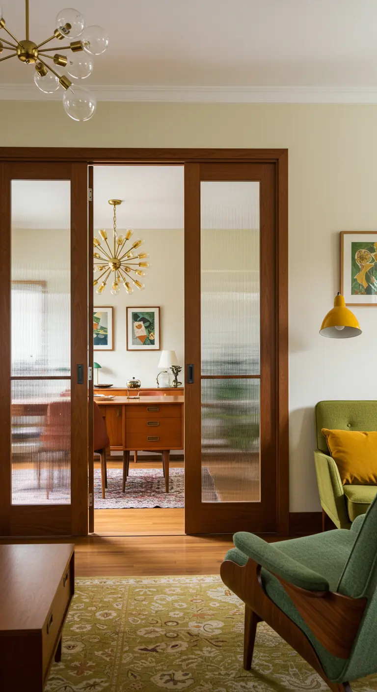 Dubbele houten schuifdeuren met geribbeld glas in een mid-century modern interieur.