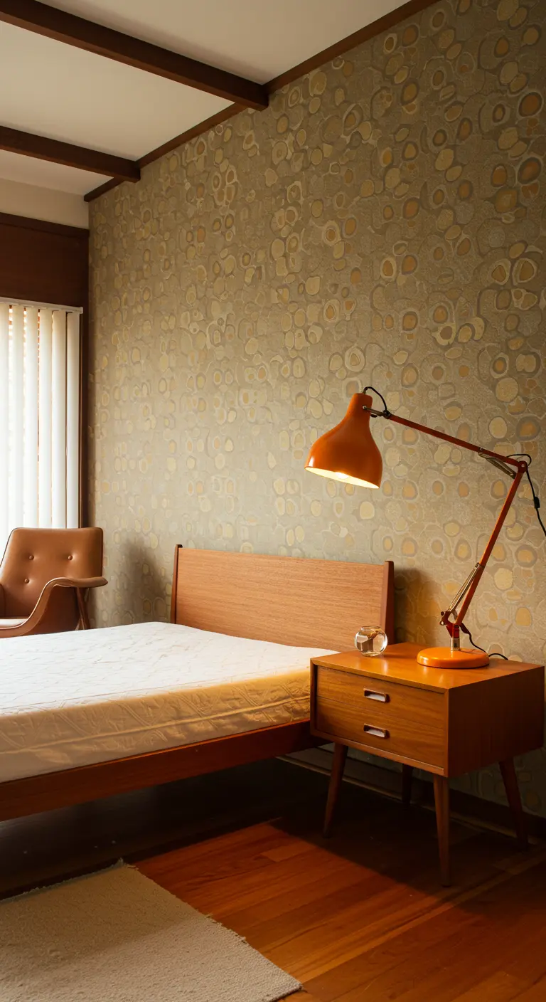 Oranje retro bureaulamp op een houten nachtkastje in een slaapkamer met vintage behang.