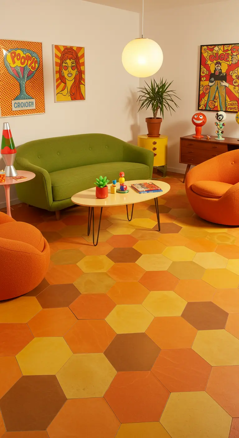 Vloer met hexagon tegels in diverse tinten geel, oranje en bruin.