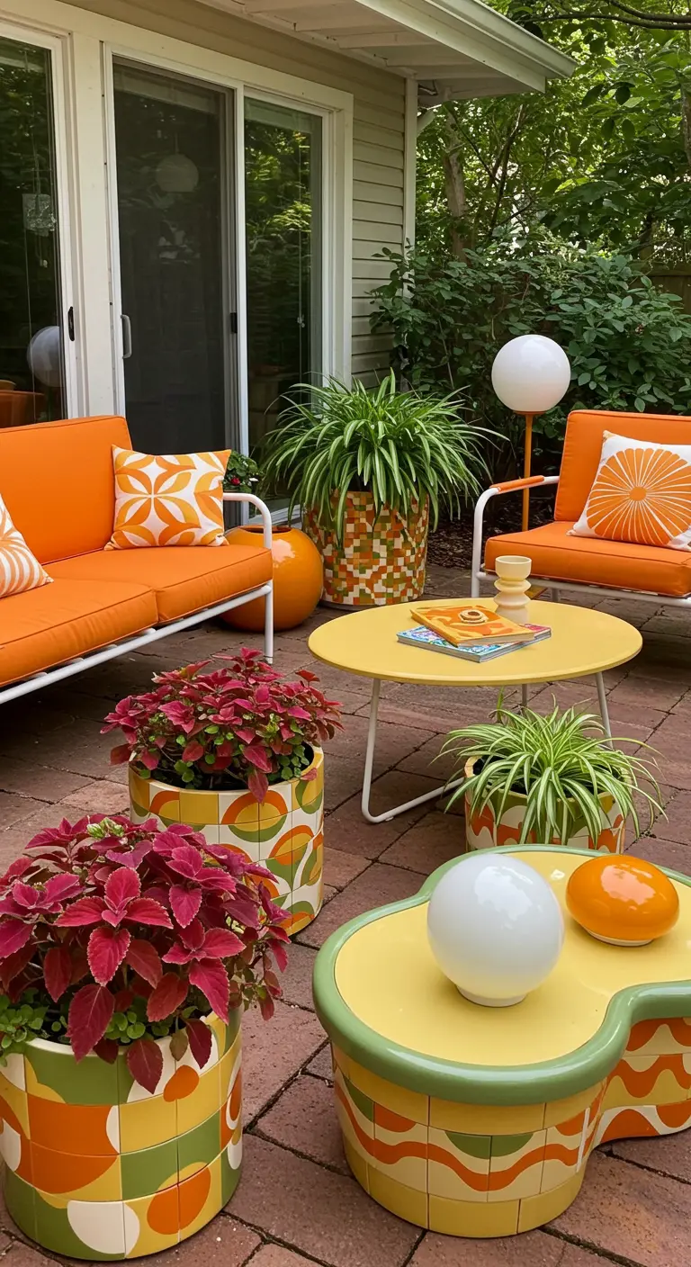 Bloempotten met retro grafisch mozaïek in oranje, geel en groen op een terras.