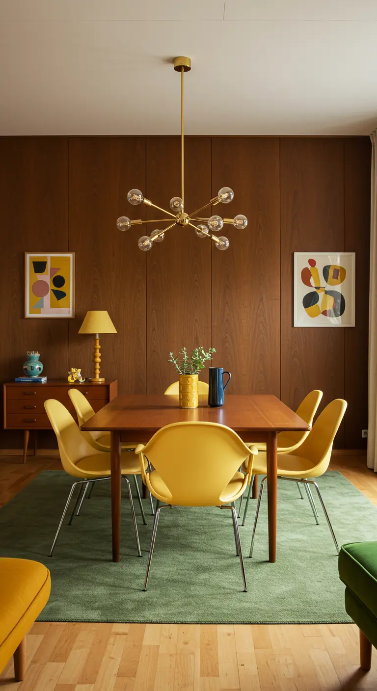 Mid-century modern eetkamer met donkere houten wandpanelen en gele stoelen.