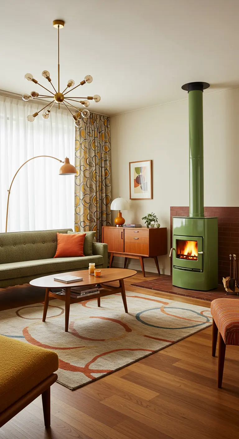 Olijfgroene houtkachel in Mid-Century Modern interieur met retro meubels.