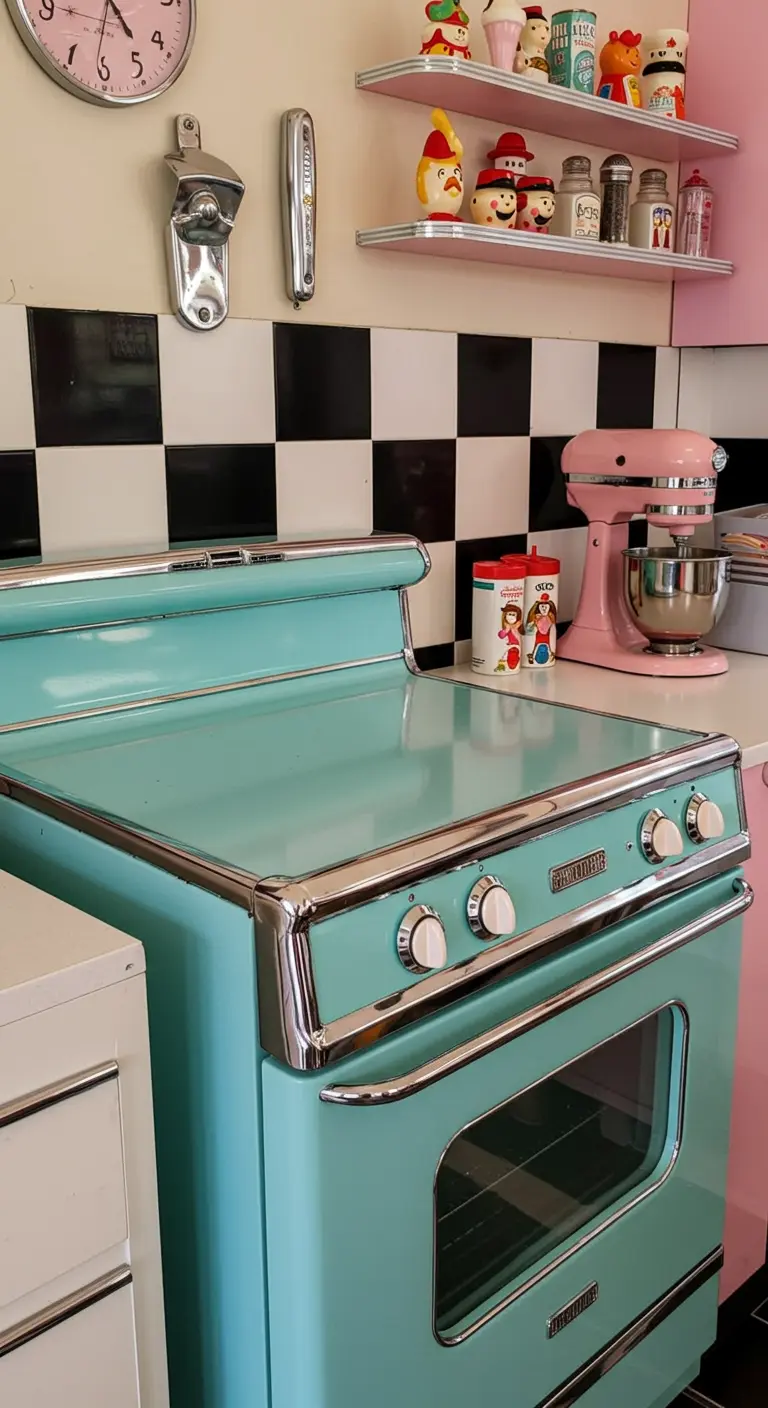 Turquoise retro fornuis met zwart-wit geblokte tegels en vintage accessoires.