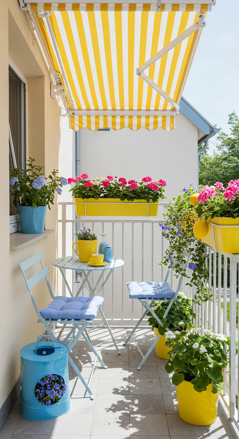 Vrolijk balkon met geel-wit gestreept zonnescherm, blauwe bistroset en gele/blauwe potten.