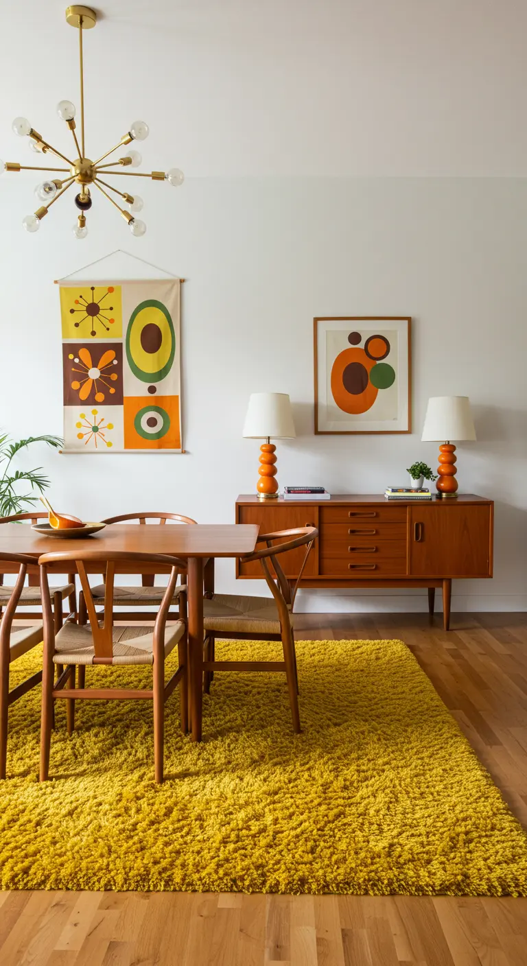 Retro eethoek met geel hoogpolig tapijt, grafisch wandkleed en mid-century meubels.