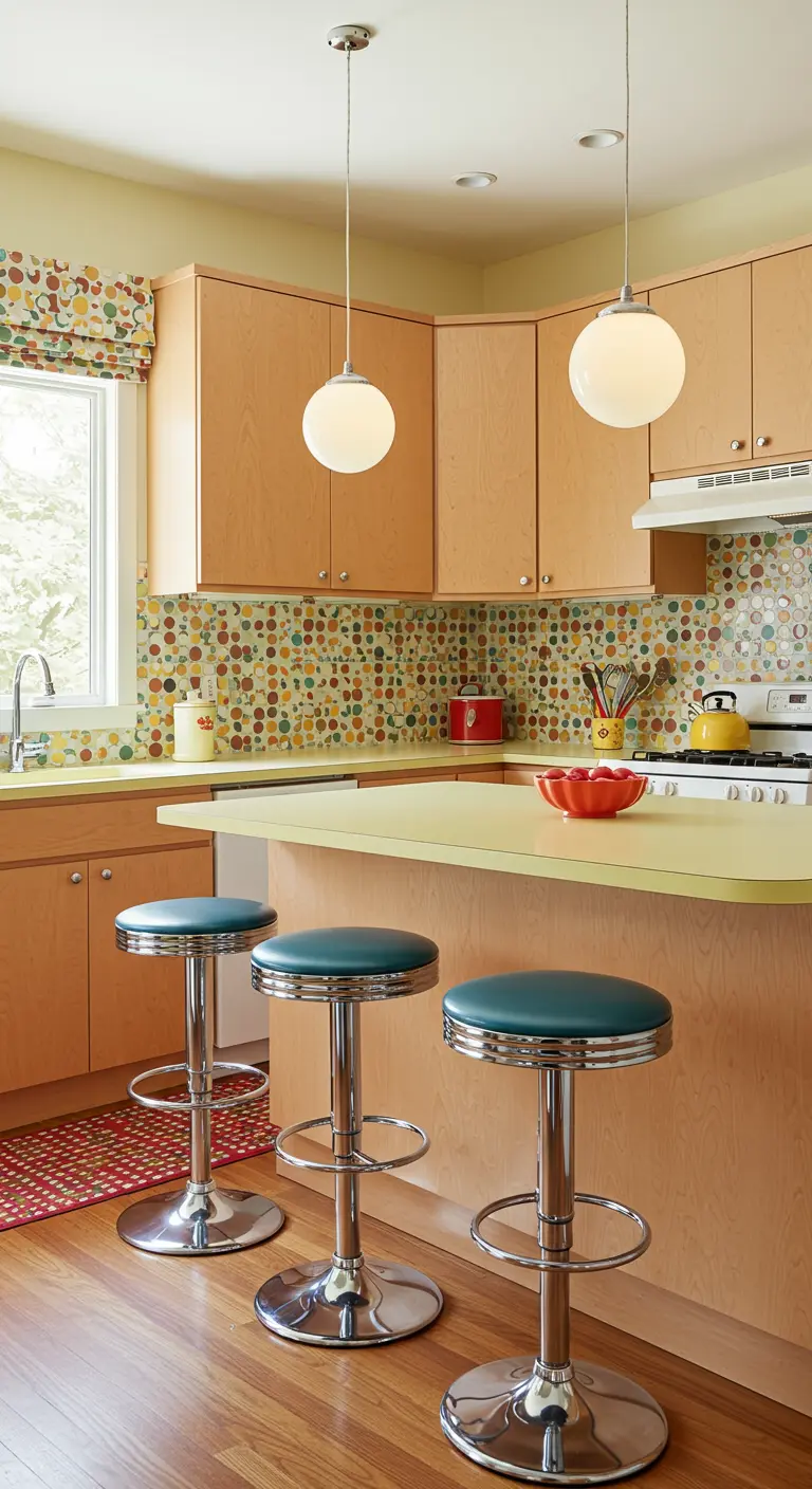 Retro keuken met licht houten kasten, kleurrijke mozaïektegels en chromen barkrukken.