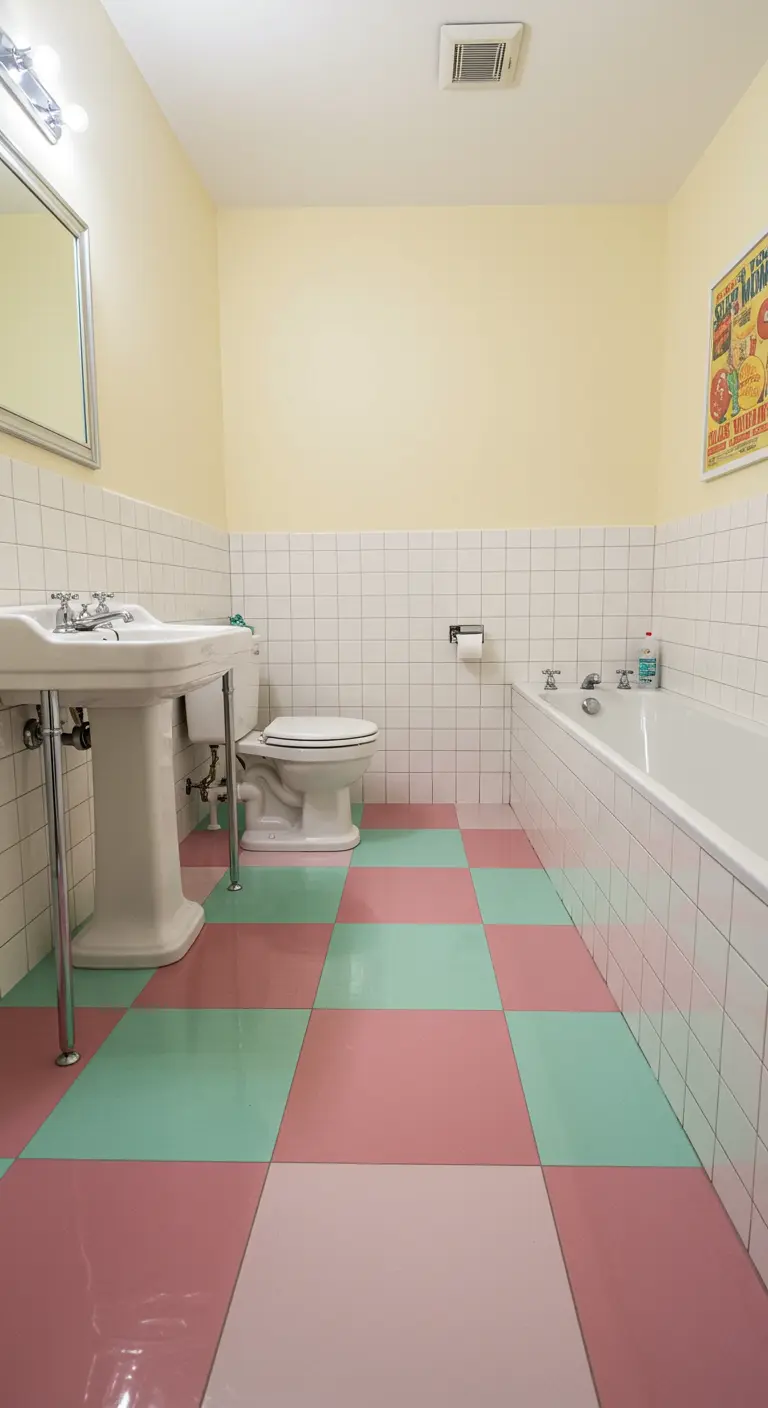 Retro badkamer met roze en mintgroene dambord vloertegels.
