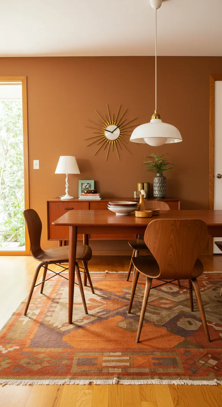 Mid-century moderne eethoek met houten meubels en terracotta accentmuur.