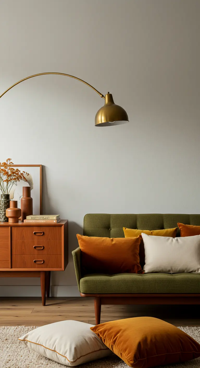 Olijfgroene retro bank met oranje, gele en crèmekleurige kussens en houten dressoir.