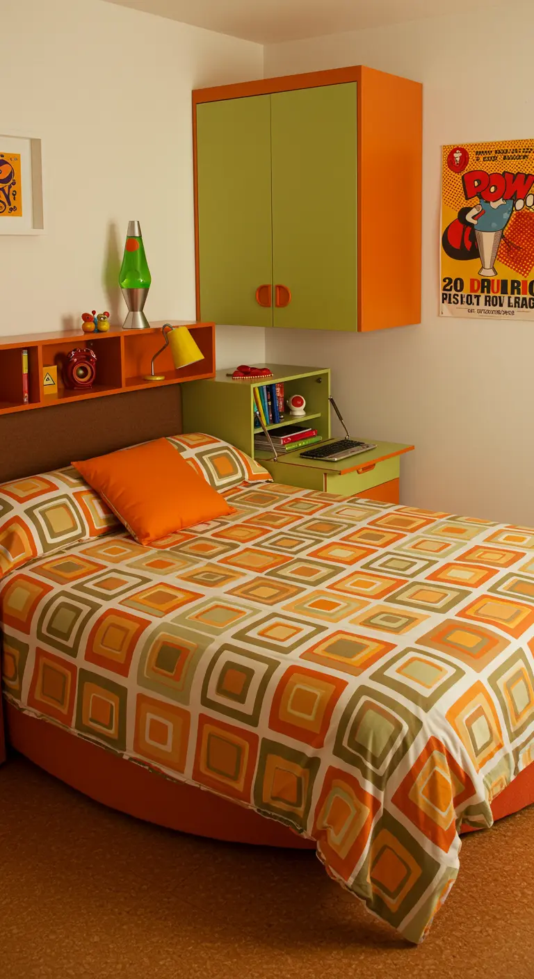 Slaapkamer in retro jaren '70 stijl met een klein oranje-groen bureautje.