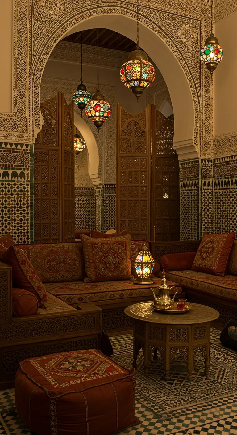 Marokkaanse riad lounge met mozaïektegels, sierlijke bogen, lage banken en kleurrijke lantaarns.