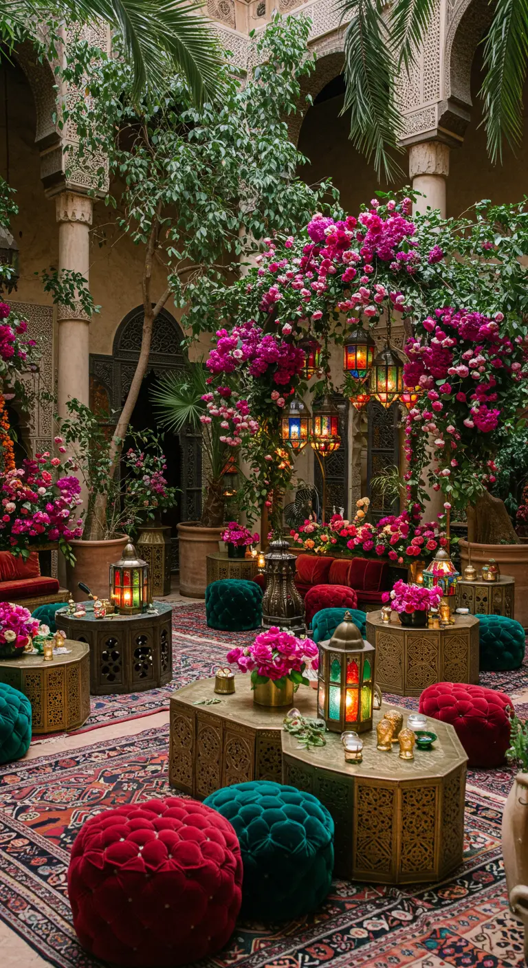 Marokkaanse binnenplaats met kleurrijke fluwelen poefs, tapijten, lantaarns en bloemen.