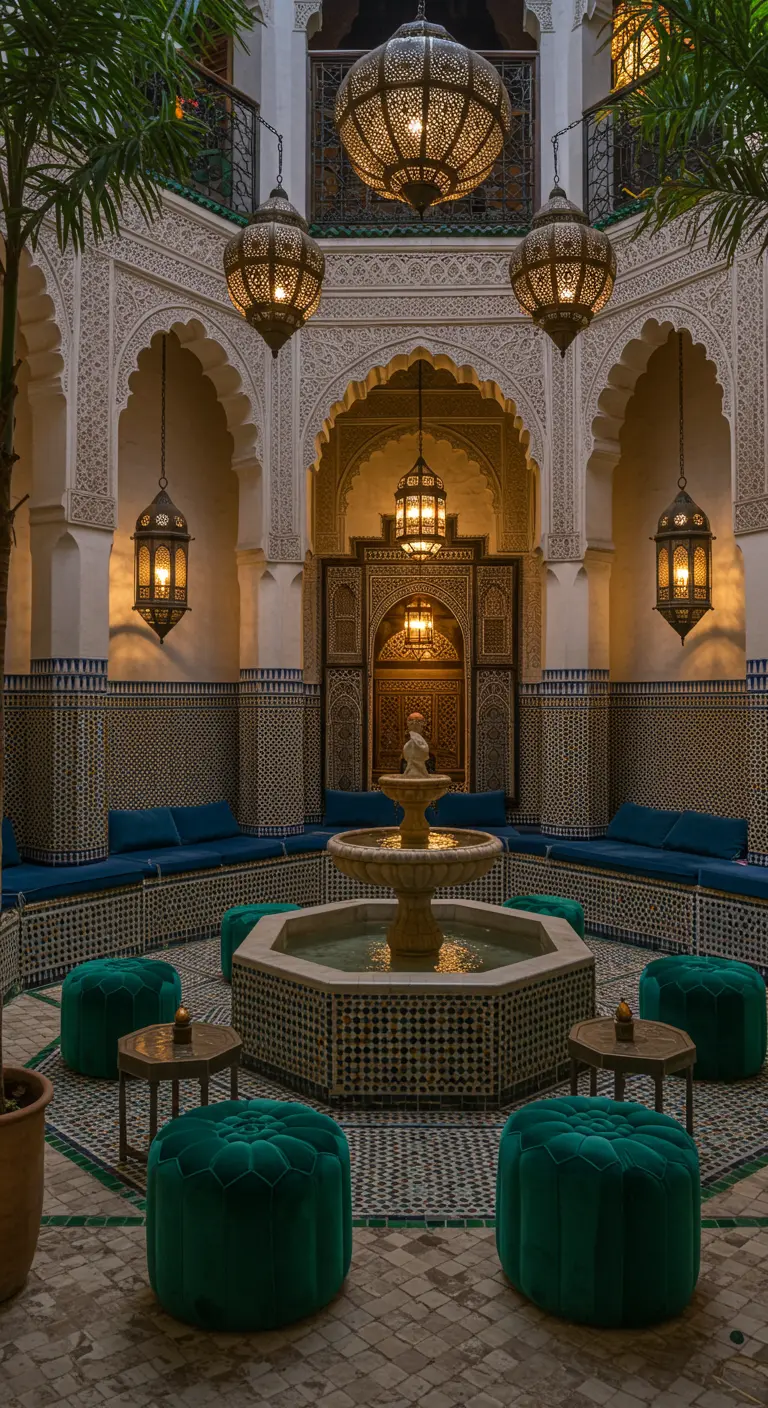 Marokkaanse riad binnenplaats met turquoise ingebouwde banken, smaragdgroene fluwelen poefs en een centrale fontein.