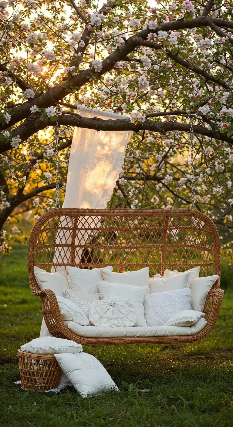 Rotan schommelbank met witte kussens, kanten doek en rieten mand in bloesemgaard.