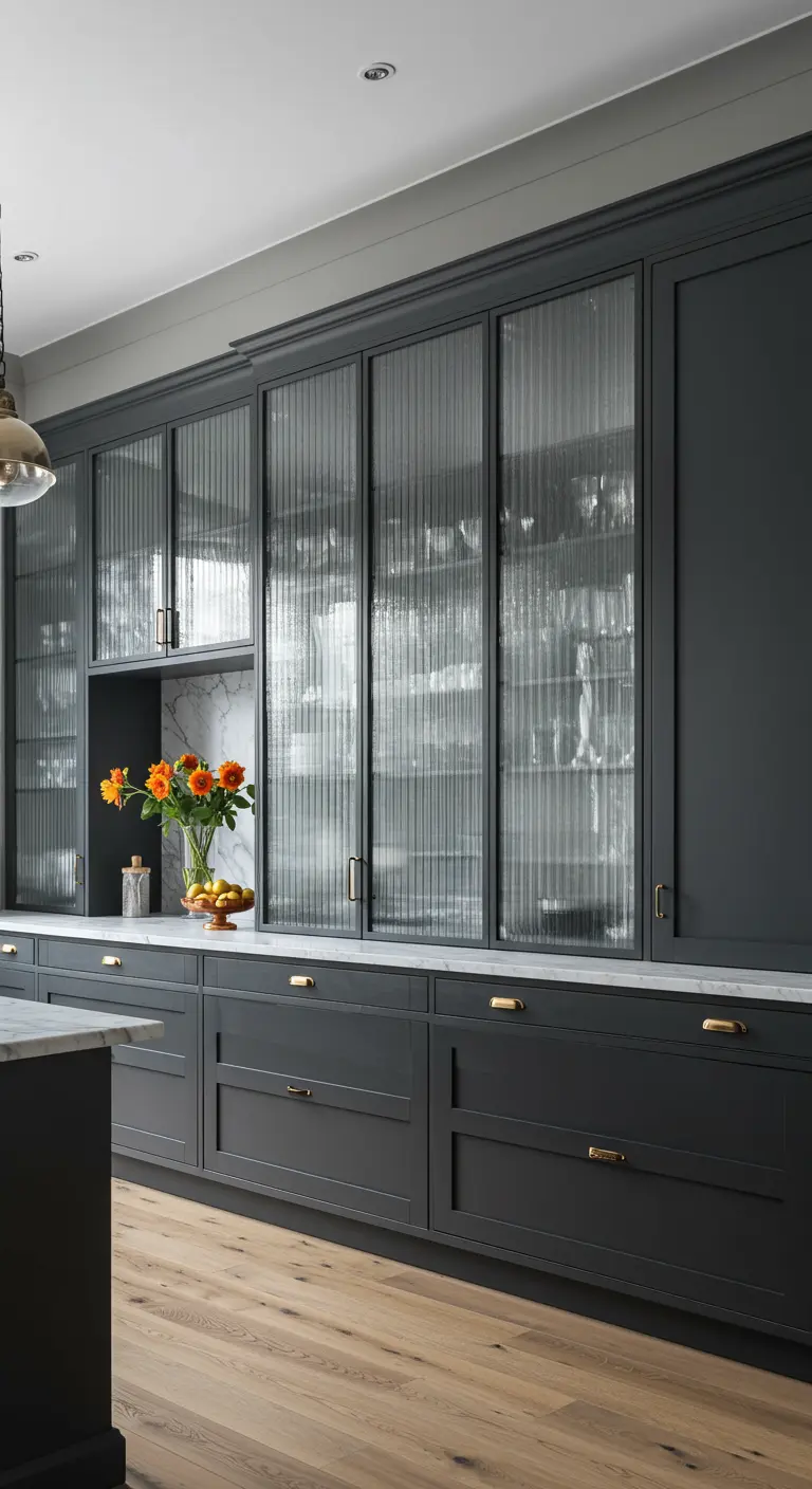Donkergrijze keuken met elegante ribbelglazen kasten en messing handgrepen.