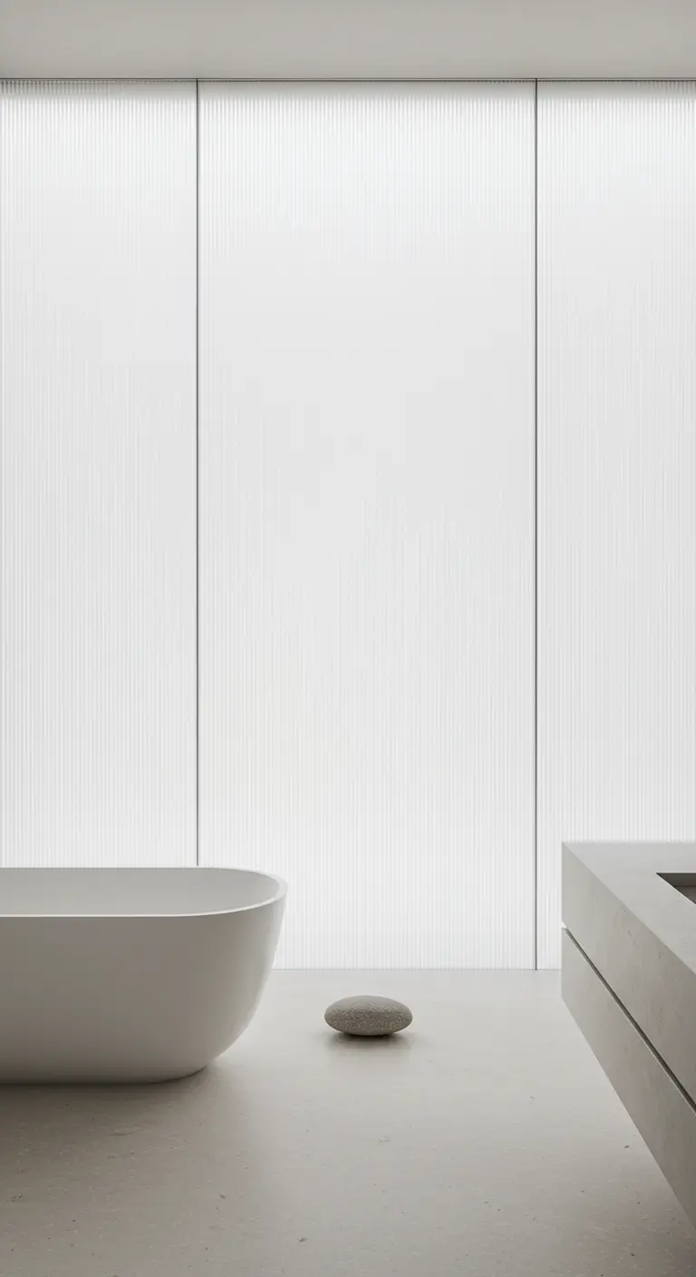 Minimalistische badkamer met ligbad en ribbelglas wanden voor privacy.
