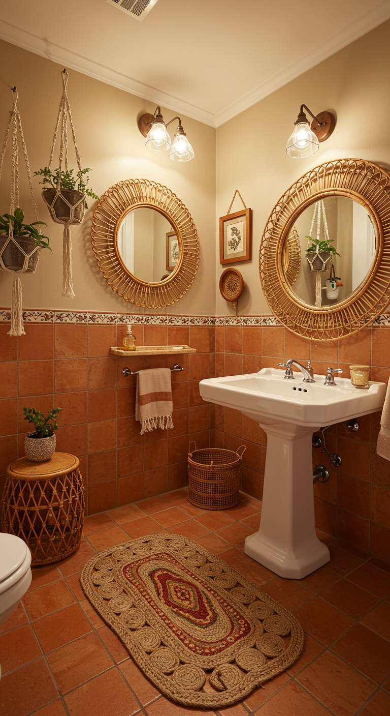 Badkamer met rieten spiegels, macramé plantenhangers en terracotta tegels.