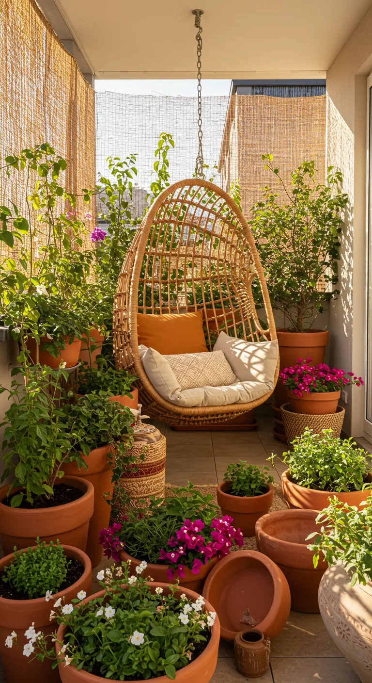 Rotan hangstoel op balkon omringd door vele terracotta potten met diverse planten.