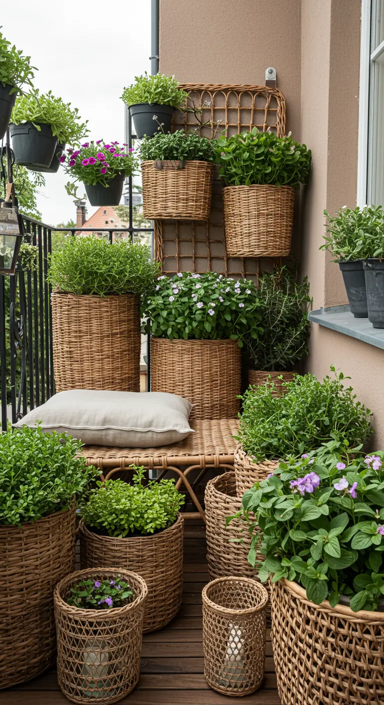 Rieten bankje en diverse rieten plantenmanden vol groen op een balkon met houten vlonder.