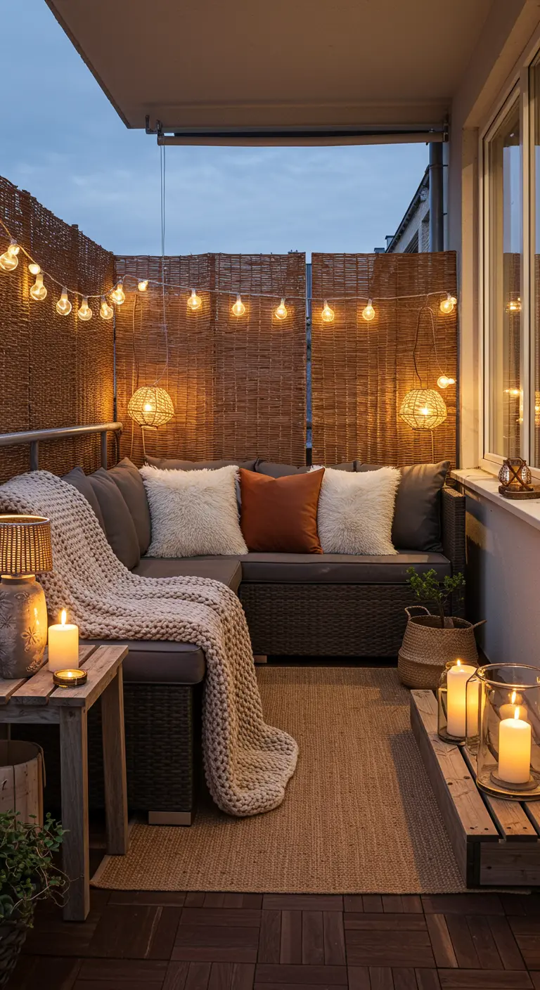 Knus balkon met rieten schermen, loungebank met veel kussens en plaids, lichtslingers en kaarsen.