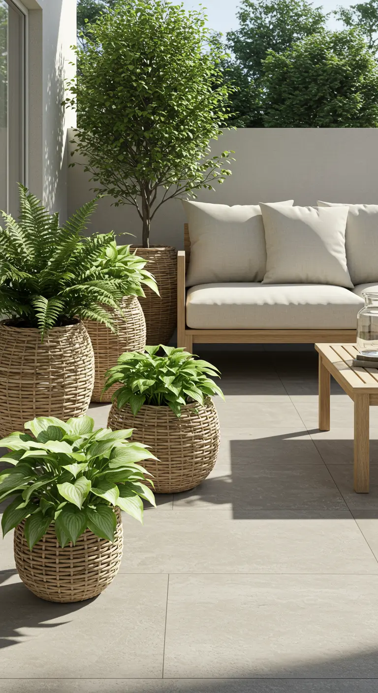 Lichtgrijze terrastegels met rieten plantenbakken gevuld met groene varens en een houten loungeset.