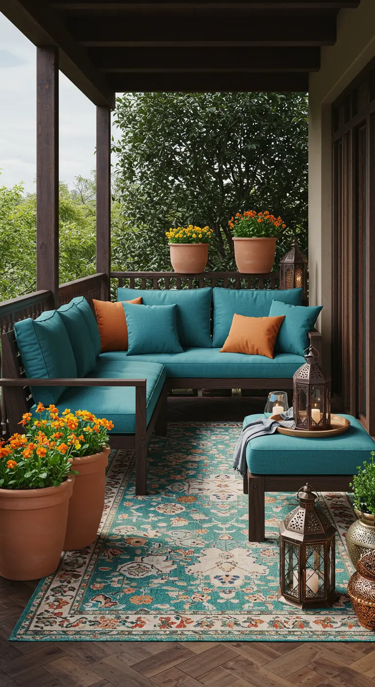 Balkon met donkerhouten loungeset, teal kussens, terracotta potten en een Perzisch tapijt.