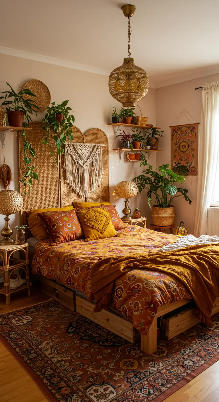 Slaapkamer met rotan hoofdbord, kleurrijk beddengoed, Perzisch tapijt en veel planten.