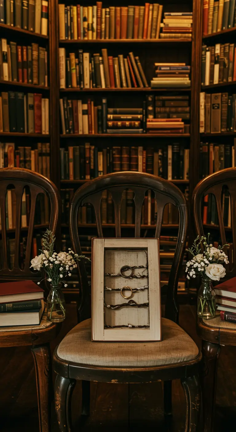 Trouwringen gepresenteerd in een uitgehold boek op een stoel in een bibliotheekachtige setting.