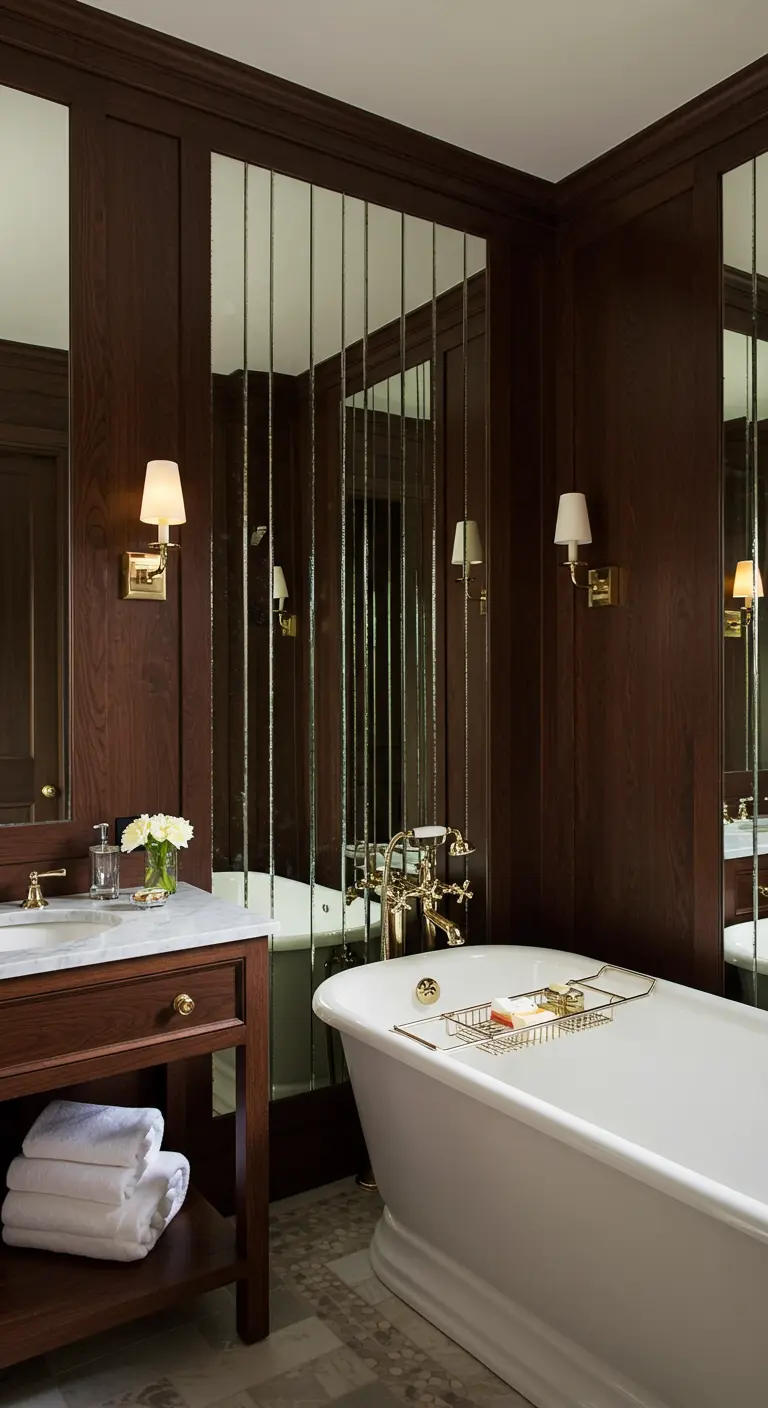 Klassieke badkamer met donkerhouten lambrisering en verticale spiegelstroken.