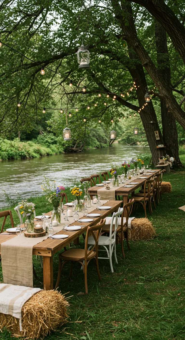 Lange dinertafel aan een rivier met veldbloemen en lichtslingers.