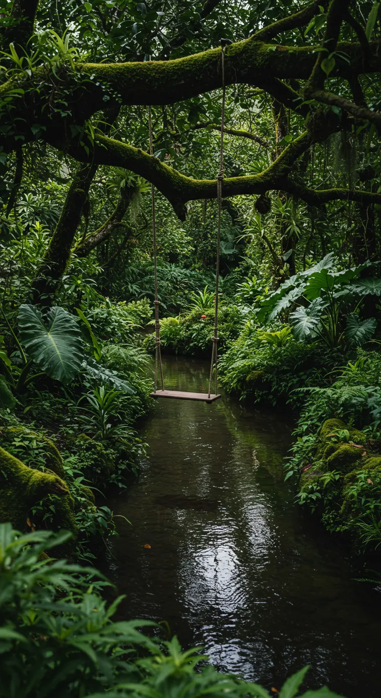 Houten schommel boven een kalm waterstroompje in een dichte, weelderige jungle.