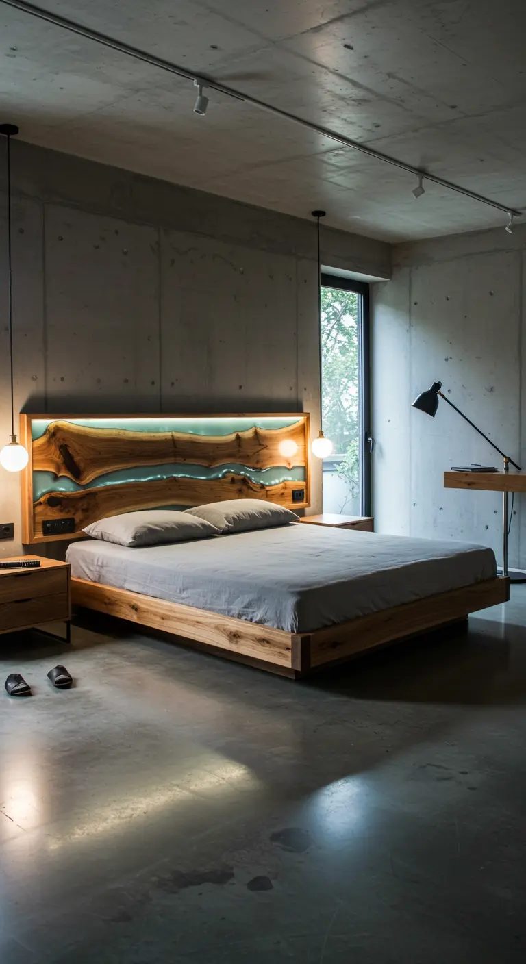 Houten bedframe met hoofdbord waarin een blauwe epoxy rivier is gegoten.