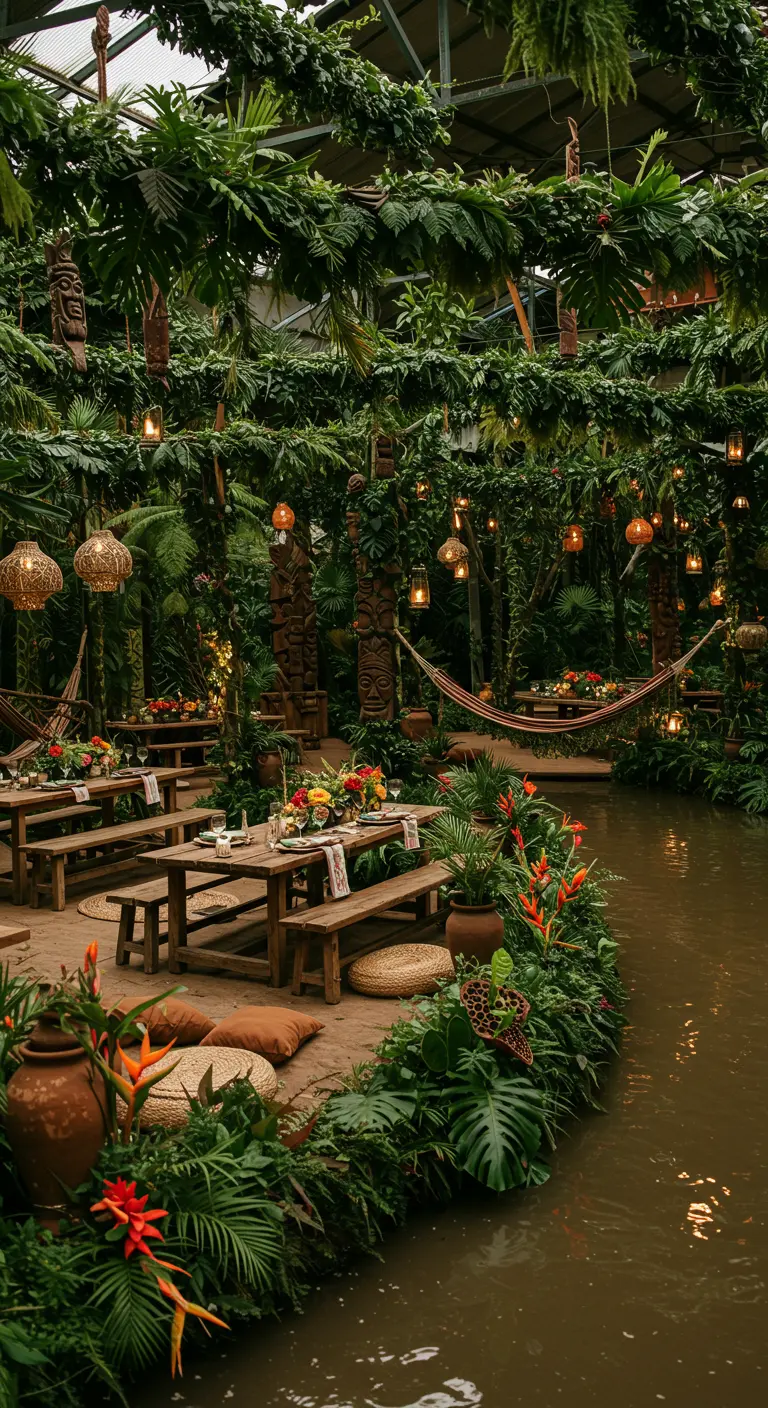Feestsetting aan een rivier met houten tafels, hangmatten, tropische planten en sfeerlampen.