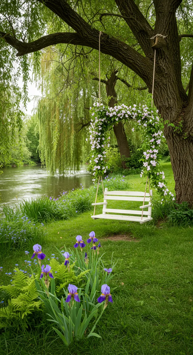 Witte houten schommelbank versierd met bloemen aan de oever van een rivier.