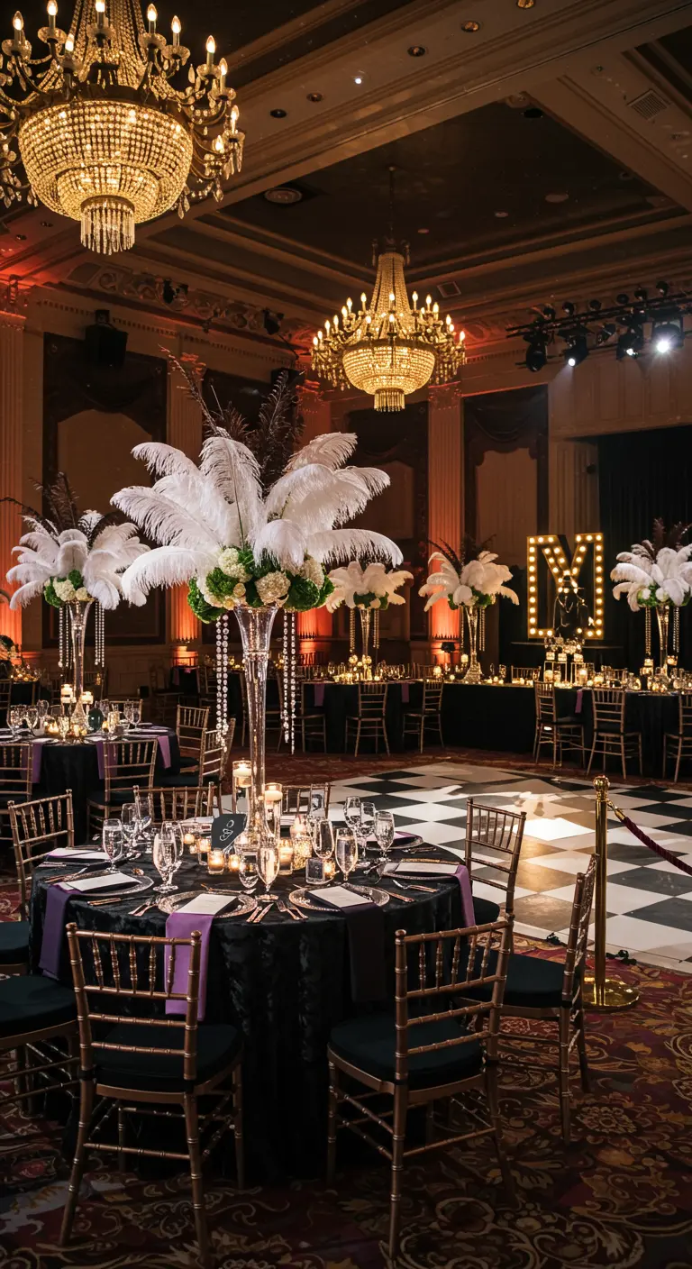 Great Gatsby themabruiloft met veren centerpieces, goud-zwarte decoratie en kroonluchters.