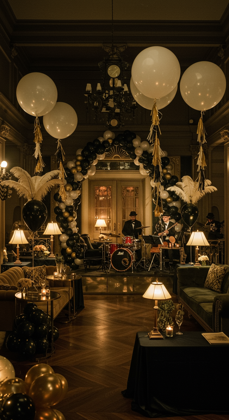 Jaren '20 stijl feest met zwart, goud, witte ballonnen, veren en een live band.