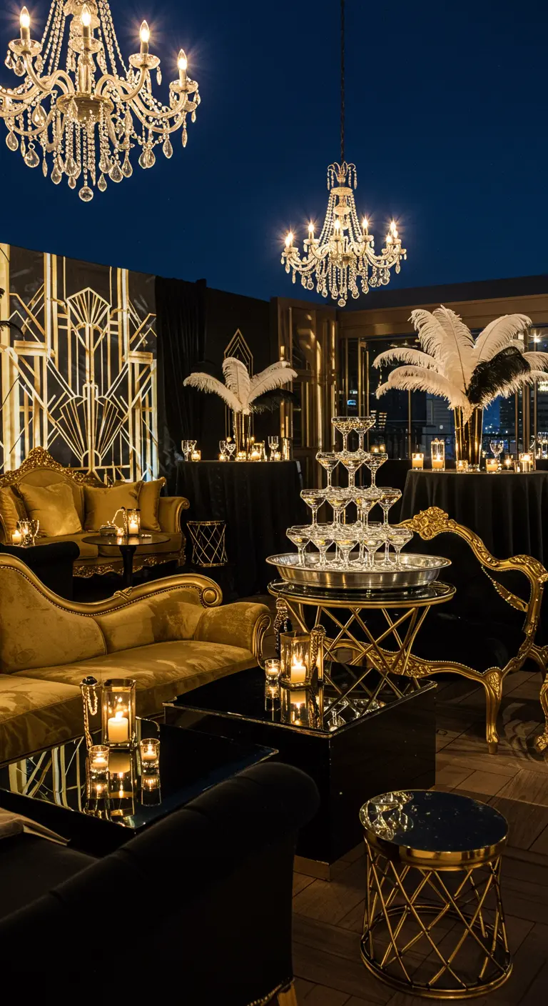 Dakterras in Great Gatsby stijl met goud, fluweel, veren en champagnetoren.