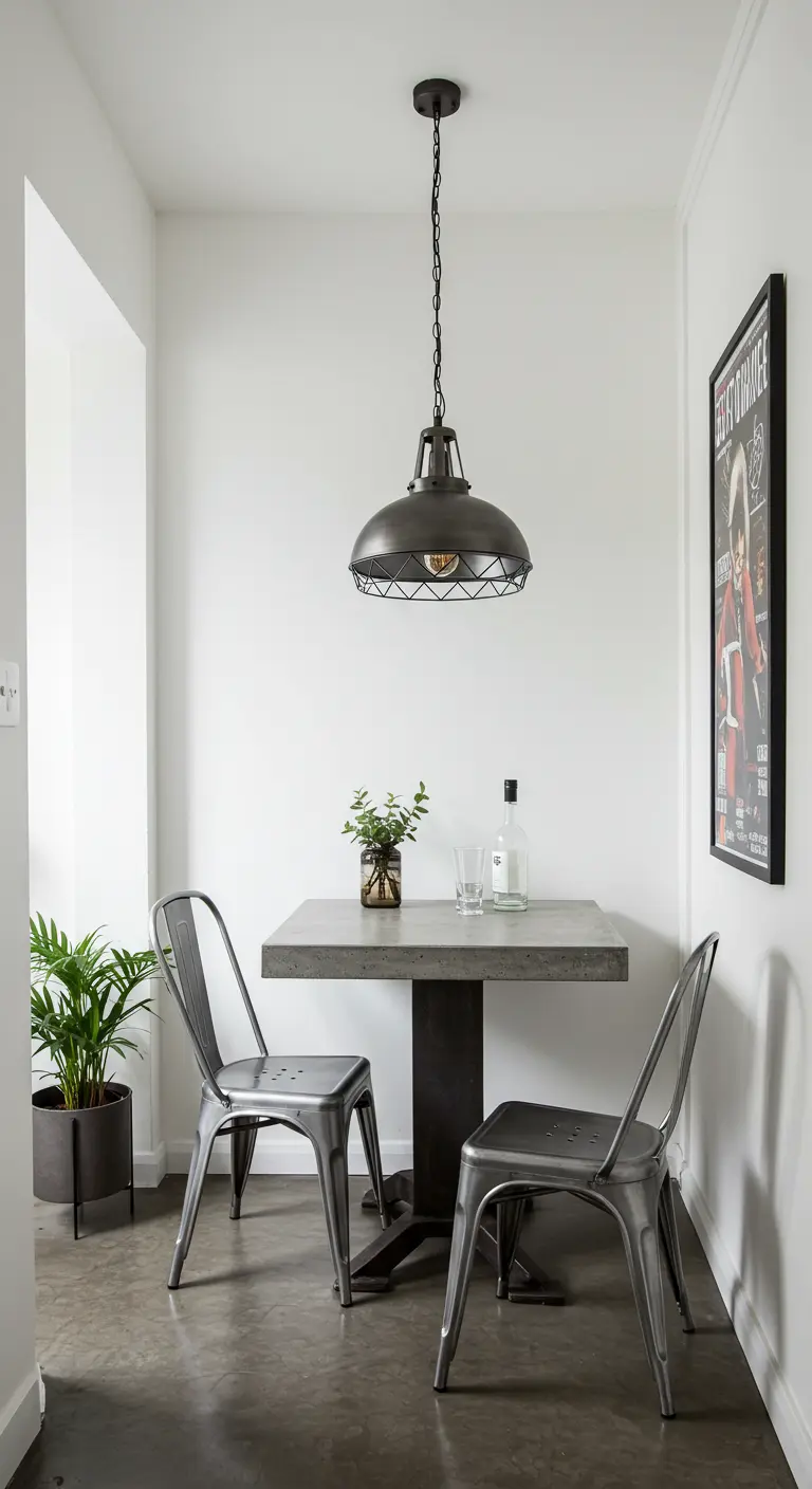 Industriële eethoek met betonnen tafel, metalen stoelen, en grote metalen hanglamp.