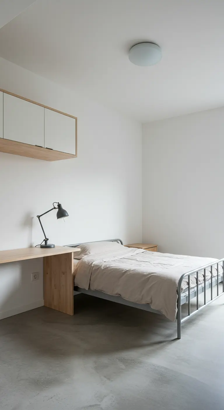 Minimalistische slaapkamer met stalen bedframe, houten bureau en zwevende opbergkasten.